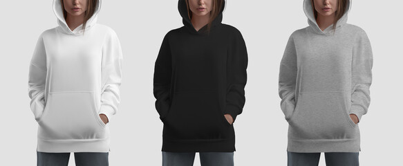 Mockup of fashion long hoodie with pocket on beautiful girl in hood, white, black, heather shirt, for design, commercial.