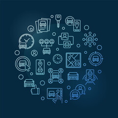 Poster - Car Sharing round blue banner - Carsharing vector linear illustration