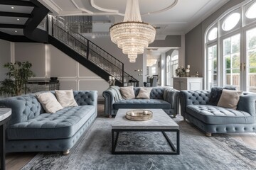 Wall Mural - luxurious and spacious living room with elegant furniture and a sparkling chandelier. Generative AI