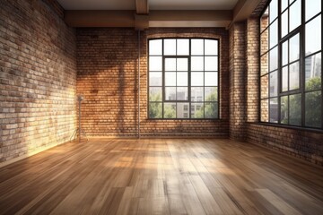 Poster - Illustration of an empty room with brick wall and large windows. Generative AI
