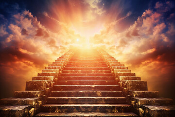 Ascending stairs to the sun, bright heavenly light background religion wonderful sky the dawn sky born light solar flare up, God is great generative AI technology