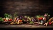 Rustic Culinary Delights: Fresh, Organic Ingredients on Wooden Table, Vibrant Vegetables, Herbs, and Spices, Appetizing Food Themed Background, 16:9 Aspect Ratio, Generative ai illustration