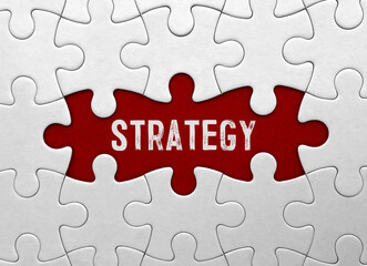Poster - word strategy on red puzzle background