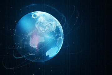 Poster - Abstract glowing globe with connection lines on dark backdrop. Digital world and technology concept. 3D Rendering.