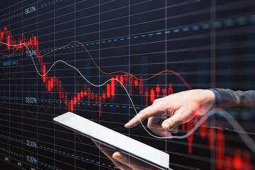Aufkleber - Close up of hand pointing at smartphone with falling red crisis forex chart on dark grid background. Recession, trade and downfall concept.