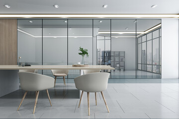 Wall Mural - Clean light wooden and glass meeting room interior with furniture and window with city view reflections. 3D Rendering.