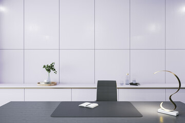 Poster - Luxury loft clean white tile office interior with furniture, equipment and decorative plants, various items. 3D Rendering.