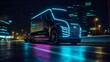 © Bartlomiej - Modern and futuristic self-driving truck driving by the city during the night, created using Generative AI technology