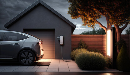 Wall Mural - An electric car parked in a driveway with a home wall EV charger visible in the foreground. Generative AI