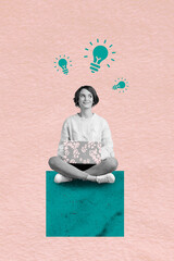 Poster - Photo picture minimal collage of young girl sitting browsing laptop online lightbulb creative idea invent something new isolated on pink background