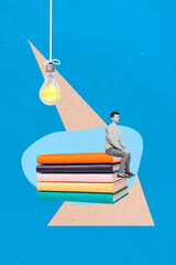 Poster - 3d retro abstract creative artwork template collage of bored smart guy sitting big book stack isolated painting background