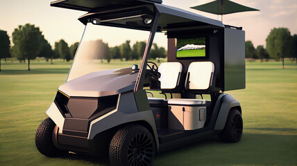 Autonomous self driving golf car vehicle, powered by artificial intelligence and solar panels. Advance future technology.