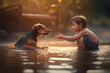 Hund spielt mit kleinem Jungen im Wasser