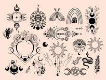 Mystical Celestial Clipart Bundle With Cosmic Rainbow, Moth, Arrow Symbol, Mushroom, Withes Hands And Moon Flower And Phases, Mysticism And Esoteric Black White Spiritual Isolated Vector Elements