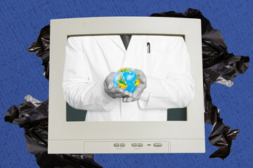 Poster - Creative abstract template graphics collage image of doctor inside retro computer holding small planet isolated drawing background