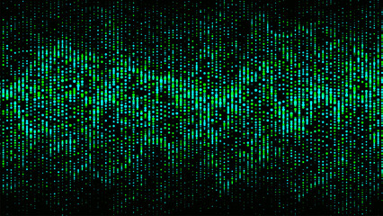 Poster - Flow of green shimmering particles. Glowing dynamic halftone sound wave. Vector Illustration.