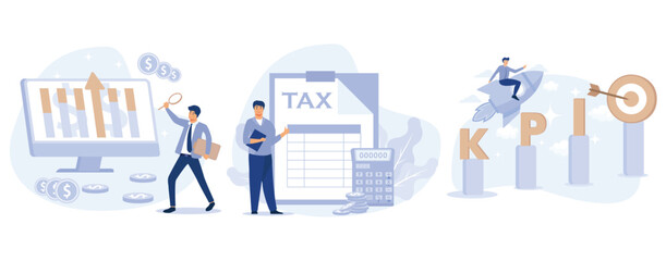 Poster - Corporate profit, Financial management system, net income calculating, KPI success measurement, company growth, budget planning, set flat vector modern illustration