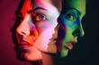 Multiple Personality Day or World Bipolar Day. Multiple fictional faces in profile that intersect, muliple personalities in bright colors, dissociative disorder or splitting in borderline concept. 