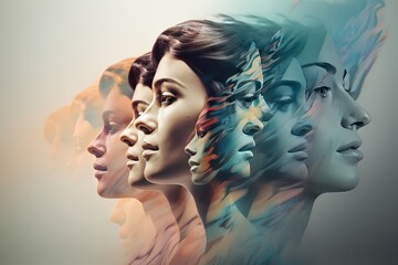 Multiple fictional faces in profile that intersect, muliple personalities in soft colors, dissociative disorder or splitting in borderline concept. Created with generative AI