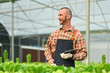 © Prathankarnpap - Thoughtful caucasian farmer holding digital tablet, standing among growing organic vegetable in greenhouse