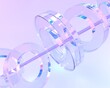 Glass iridescent rings with line in motion rotation 3d render. Rainbow circle geometric shapes, abstract crystal composition with flare and light refraction on purple background. 3D illustration