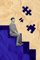 Aufkleber - Creative retro 3d collage image of stressed depressed guy sitting stairs uncomplete puzzle isolated painting background