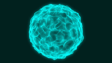 Poster - Looped distortion waves on abstract sphere of particles. Abstract vector mesh spheres. Wave of particles. Wave with connecting dots and lines on dark background.