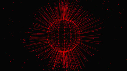 Poster - Red dot and line connect. Concept of the molecule or atom geometric sphere wireframe light hologram plexus isolated on black background. Relationship representation in sphere shape.