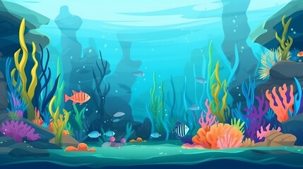 Wall Mural - Tropical sea underwater fishes on coral reef. Aquarium oceanarium wildlife colorful marine panorama landscape Generative AI