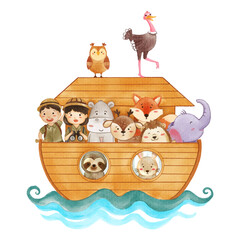 Noah 's ark with many wildlife animals . The flood concept . Realistic watercolor paint with paper textured . Cartoon character design . Vector .