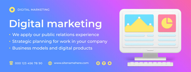 Poster - Digital content marketing analyzing web blogging computer monitor social media banner 3d icon vector