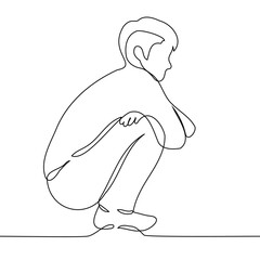 Poster - squatting man silhouette - one line drawing vector. concept to be sad alone, nowhere to sit