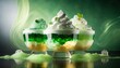 green jello in the cup with cream topping with green sprinkles, generative AI