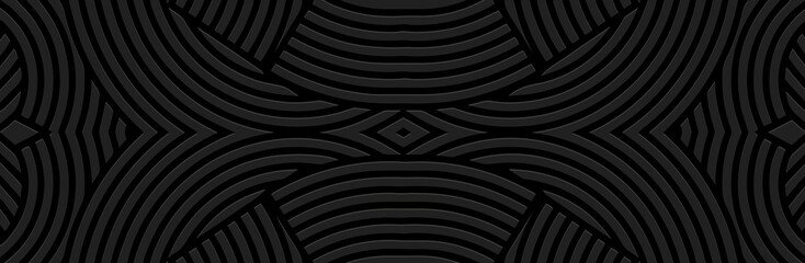 Banner, cover design. Embossed ethnic geometric 3d tribal boho pattern of lines, handmade. Artistic black background, press paper. Themes of the East, Asia, India, Mexico, Aztecs, Peru.