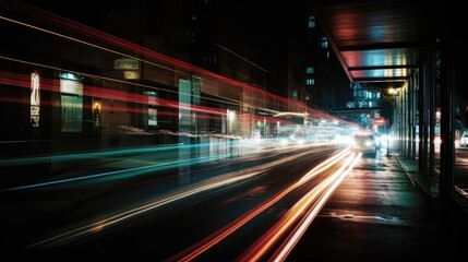 Sticker - Abstract long exposure dynamic speed light rails in city. Generative AI