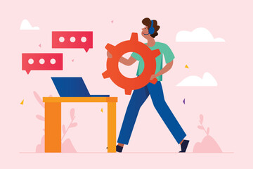 Poster - Pink concept Call center with people scene in the flat cartoon design. Call center employee is in a hurry to help customers via video call. Vector illustration.