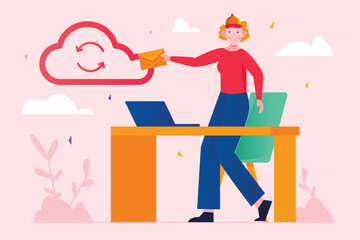 Aufkleber - Cloud storage pink concept with people scene in the flat cartoon design. Woman transfers important information to colleagues via cloud storage. Vector illustration.