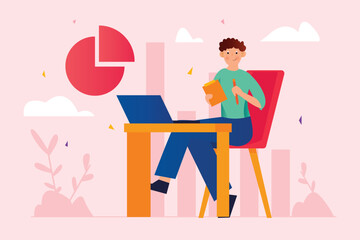 Aufkleber - Pink concept data analysis with people scene in the flat cartoon design. Specialist works with data, makes calculations and their analysis. Vector illustration.