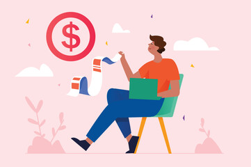 Aufkleber - Electronic receipt pink concept with people scene in the flat cartoon design. Man pays receipts and bills using the Internet while sitting at home. Vector illustration.
