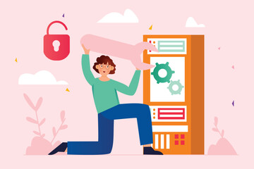 Aufkleber - Server maintenance pink concept with people scene in the flat cartoon design. Technician rushes to fix errors in the servers so that people can continue to work. Vector illustration.
