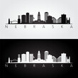 Nebraska state skyline and landmarks silhouette, black and white design. Vector illustration.