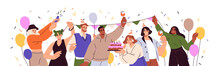 Happy People Celebrating Birthday Party With Cake. Corporate Office Team During Holiday Celebration, Banner With Colleagues, Confetti. Flat Graphic Vector Illustration Isolated On White Background