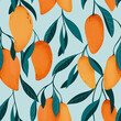 Seamless pattern of mango with leaves with blue backdrop. Exotic design. Digital watercolor