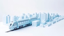 Miniature Train And Cityscape In Monochromatic Blue, Representing Urban Planning.