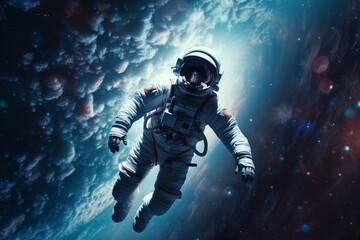 Wall Mural - astronaut or cosmonaut floating in space with incredibile nebula or starry galaxy. space man astrono