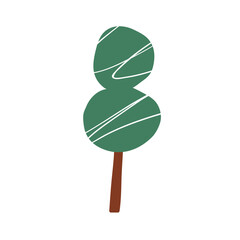 Poster - Abstract simple forest tree. Plant in kids primitive naive style. Simple shaped botanical clip-art with trunk, leaf crown. Modern childish flat vector illustration isolated on white background