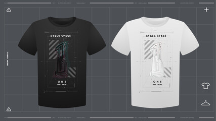 Men's t-shirt with futuristic print mockup. Front view. Vector template. Cyber Hud Design print.