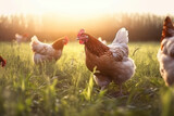 Fototapeta Zwierzęta - Chickens running free on farm, happy animals welfare and free range poultry. Generative AI
