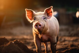 Fototapeta Zwierzęta - Happy pigs roaming free and farm meadow and mud. Farm animal welfare and care. Generative Ai