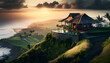 Indonesian style villa overlooking a beautiful sunset landscape of green hills and the sea.
Created using generative AI.